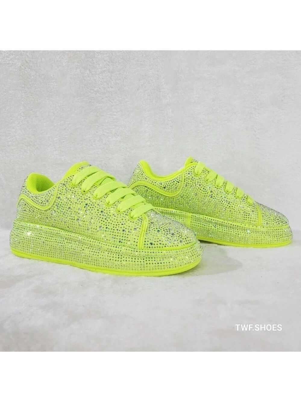 NIB Dazzle Cush Bright Neon Yellow Rhinestone Platform Sneakers Tennis Shoes